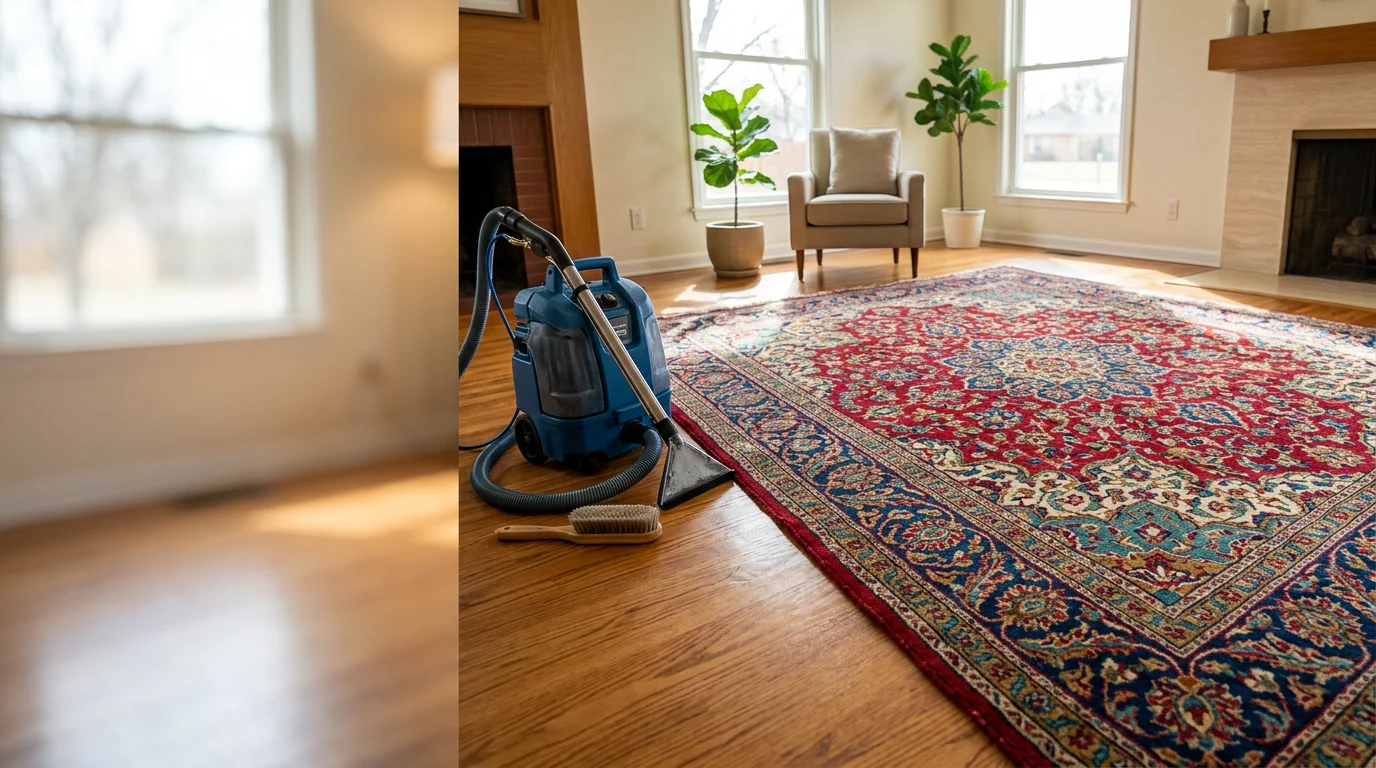 Professional area rug cleaning service showing technician cleaning an ornate Persian rug