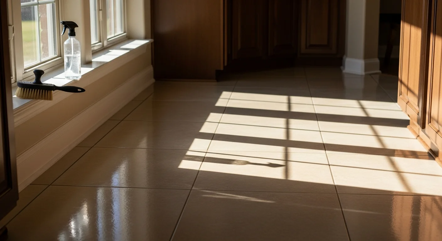 Freshly cleaned and sealed tile floor in a kitchen