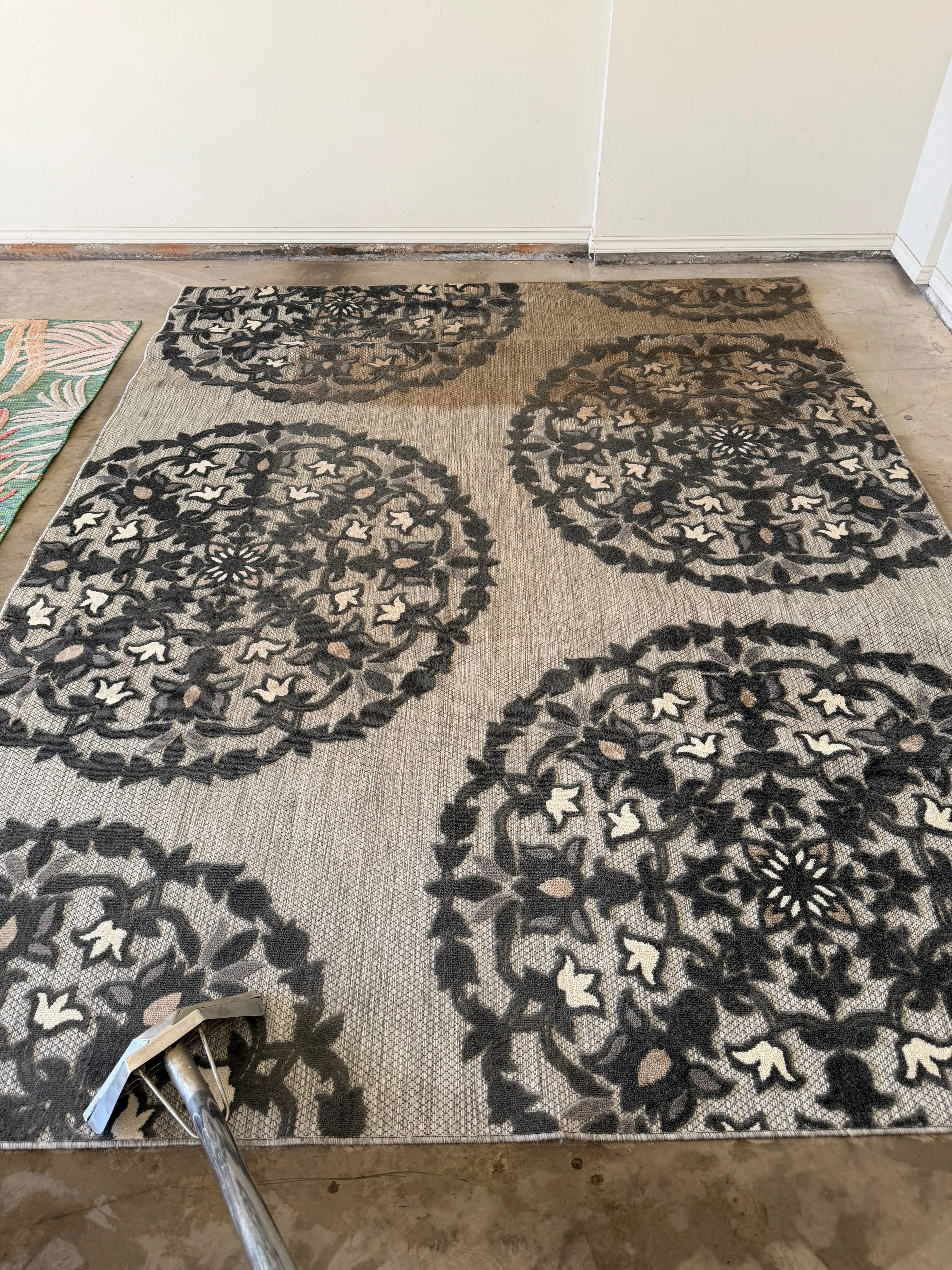 Cleaned patterned area rug with black damask medallions and cream accents on neutral background
