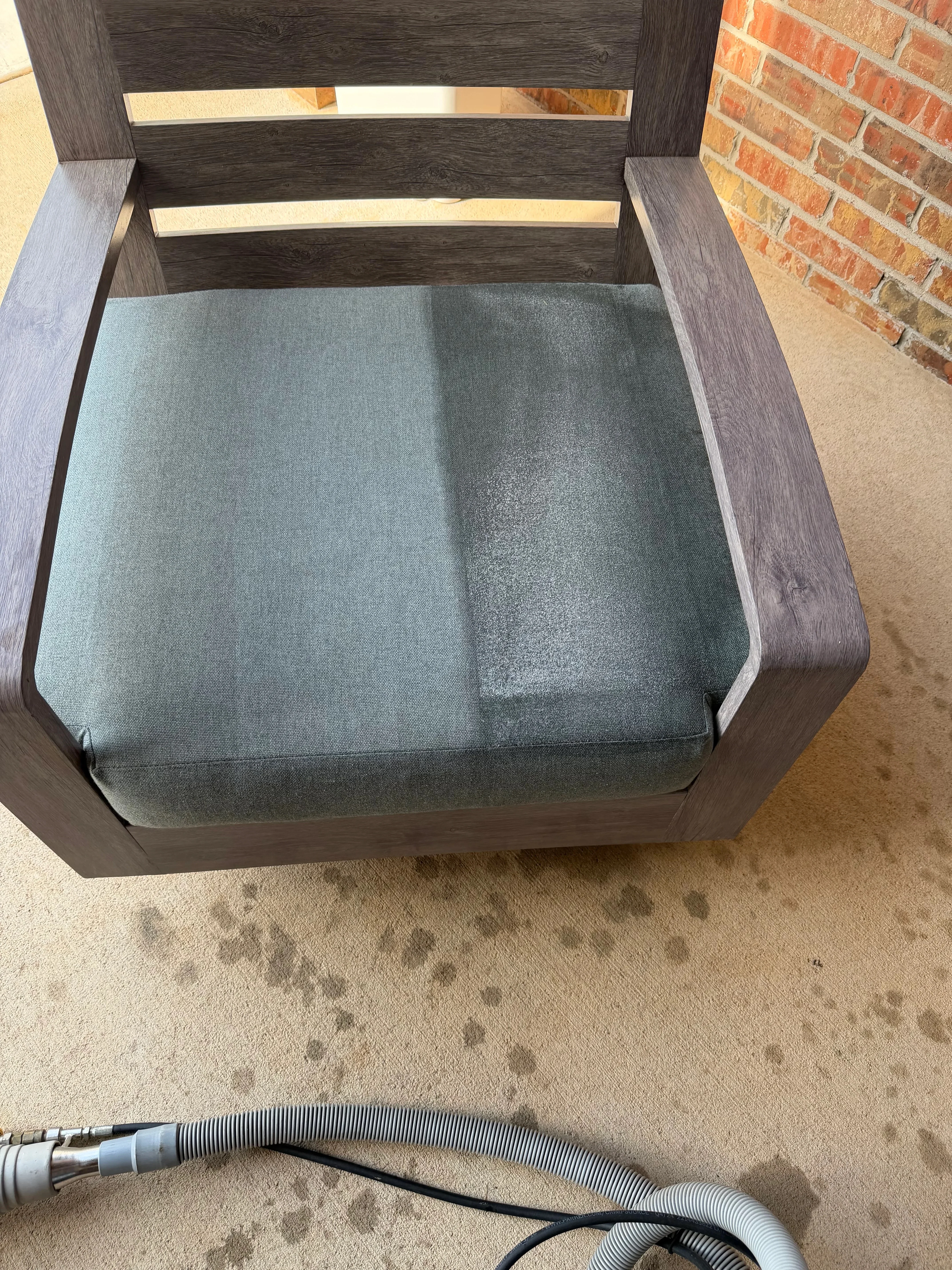 Dark wood frame chair with teal upholstered seat before and after professional cleaning