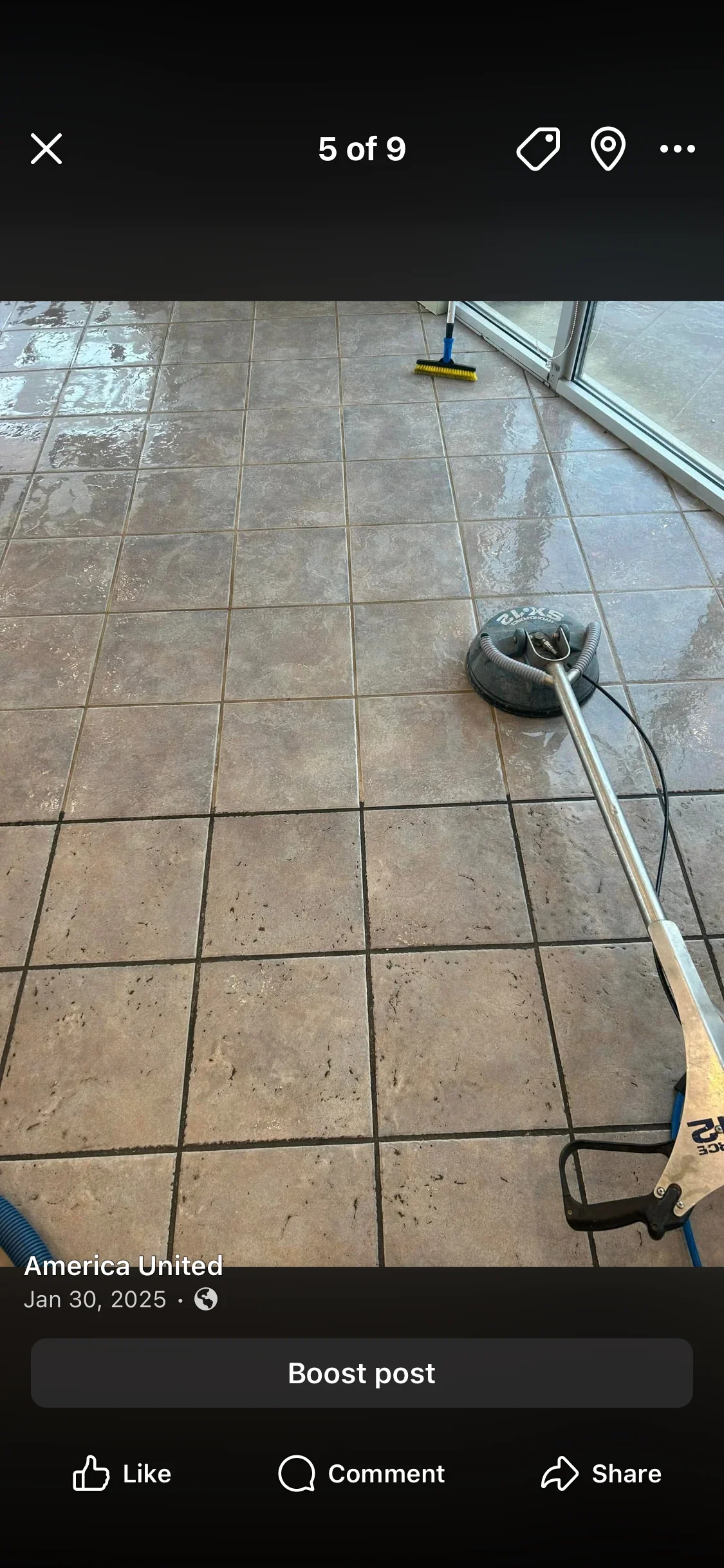 Ceramic tile floor being cleaned with professional extraction equipment and brush tools