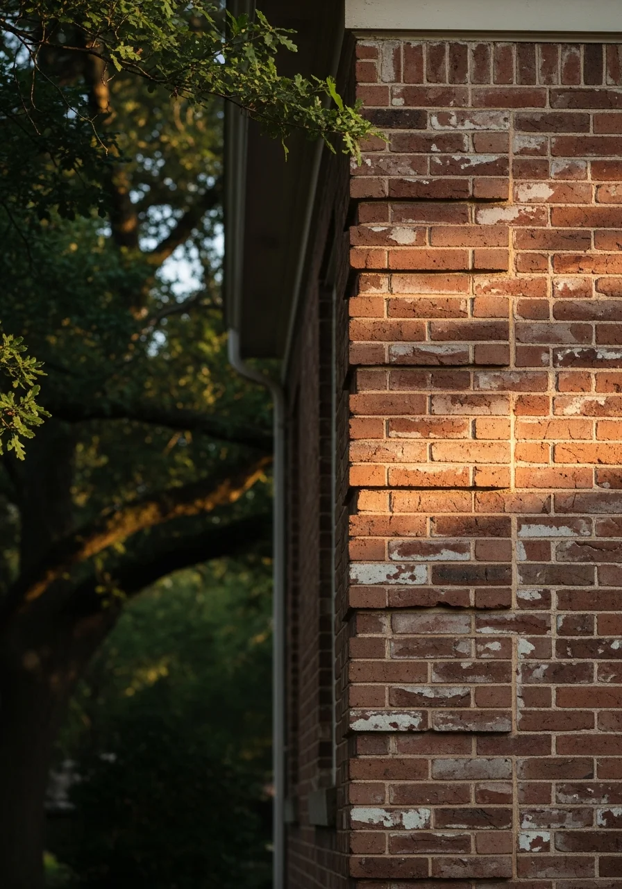 Service professional inspecting brick facade of historic Oklahoma City home.