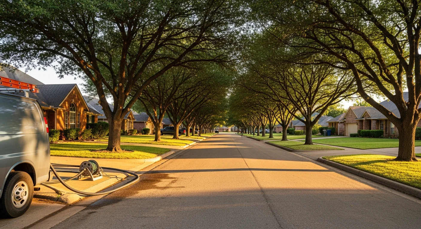 Residential street in Edmond with mature trees and well-maintained homes typical of north Oklahoma City suburbs.