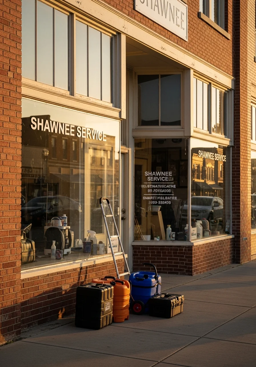 Service professional assessing commercial property in Shawnee business district.