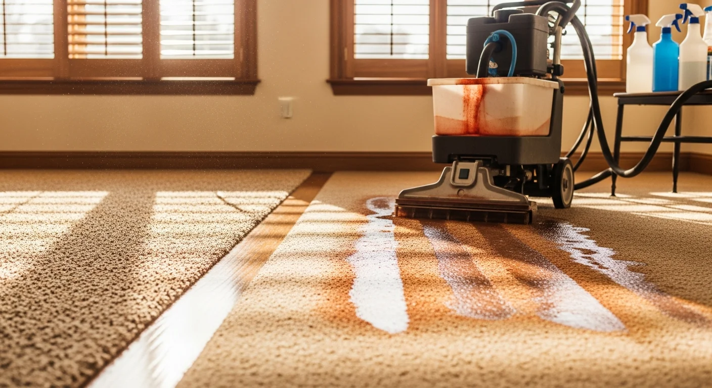 A professional carpet cleaner using extraction equipment on a beige living room carpet inside an Edmond, Oklahoma home. The cleaned section shows restored fiber texture and color compared to the adjacent soiled area.