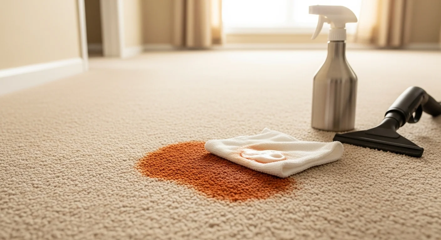 A carpet technician treating a red clay stain on a light-colored carpet inside an Edmond home. The spot shows visible color restoration where the iron-rich soil has been lifted from the carpet fibers.