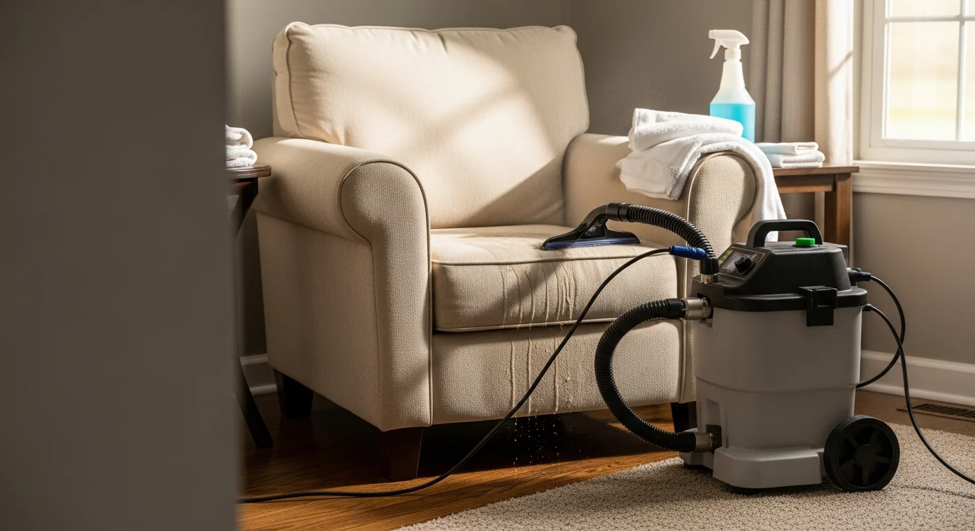 A clean upholstered armchair with restored fabric color sitting in a bright Edmond living room after professional cleaning. A technician from America United Carpet Services LLC works on a second chair in the background using an extraction tool.