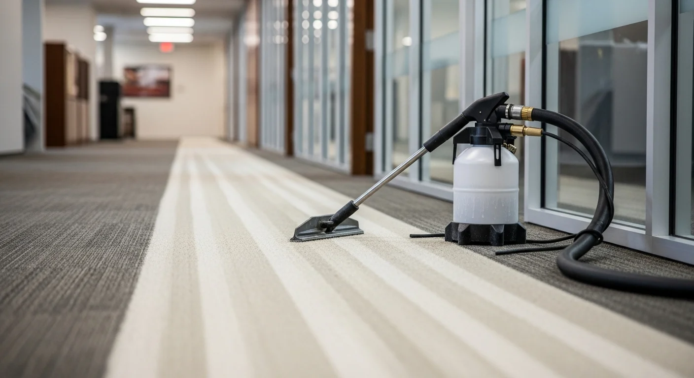 A commercial office carpet in an Edmond, Oklahoma business suite after professional cleaning, showing restored color and no visible staining in a high-traffic entryway area.