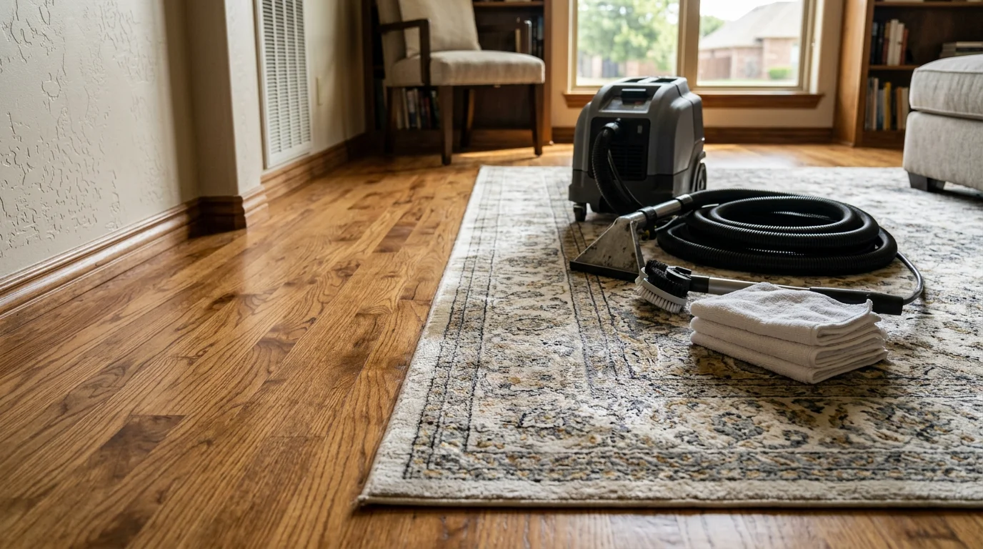 An even viscose area rug with a silky sheen displayed on a clean floor in an Edmond home living room. The rug shows restored pile direction and even color after professional low-moisture cleaning by America United Carpet Services LLC.