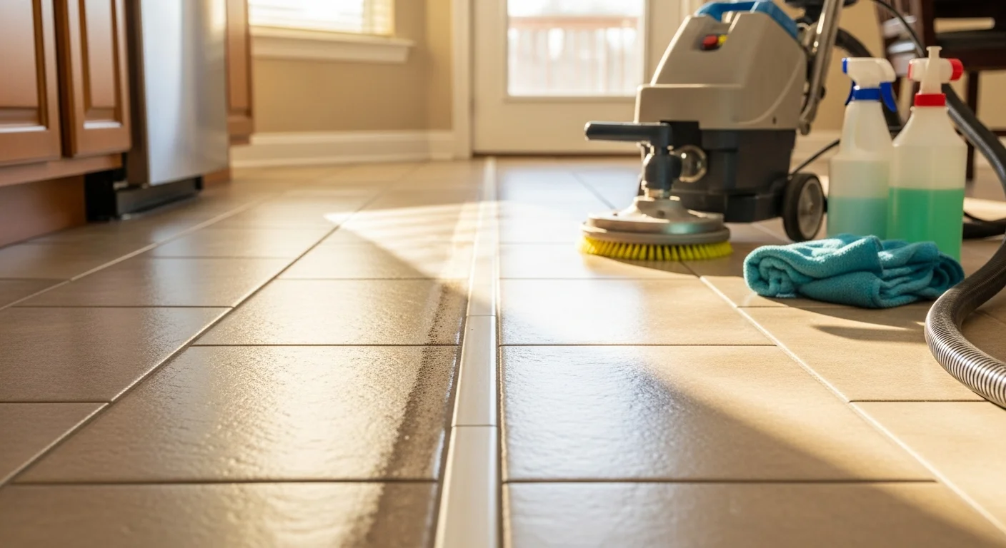 Close-up of freshly cleaned white grout lines between ceramic floor tiles in an Edmond home bathroom, showing restored grout color after professional extraction cleaning. A second tile section in the background shows the contrast between cleaned and uncleaned grout.