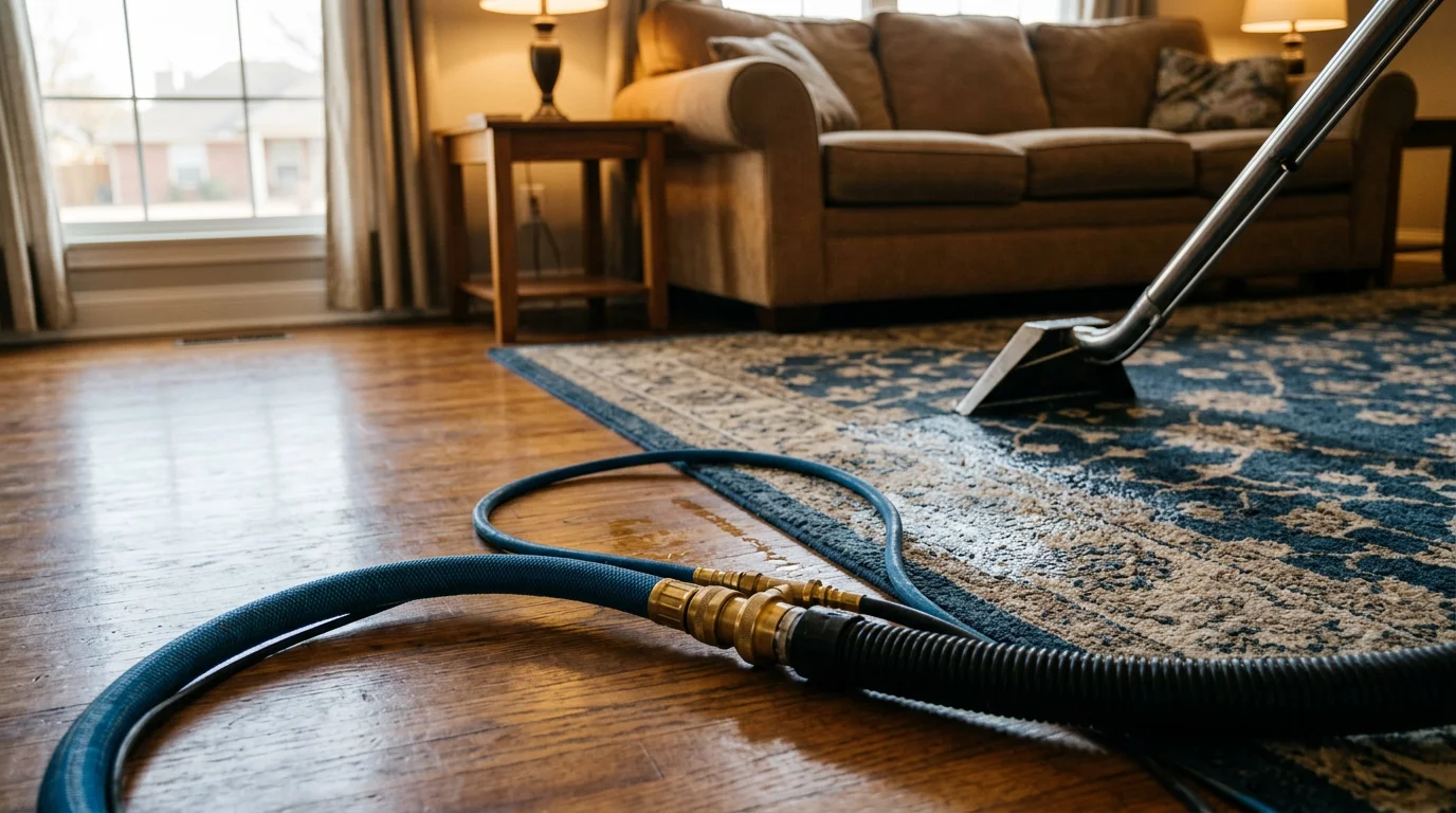 A clean nylon area rug with restored color and texture on a hardwood floor in an Edmond, Oklahoma home. A professional area rug cleaning technician inspects the rug fibers after hot water extraction.