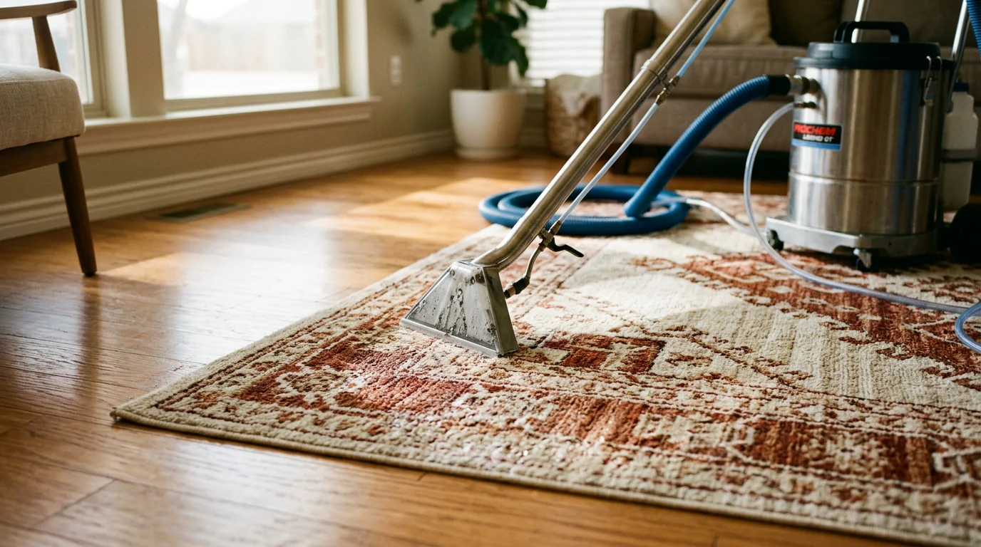 A clean olefin area rug lying flat on a hardwood floor in an Edmond home living room. The rug shows restored color and an even surface after professional cleaning by America United Carpet Services LLC.
