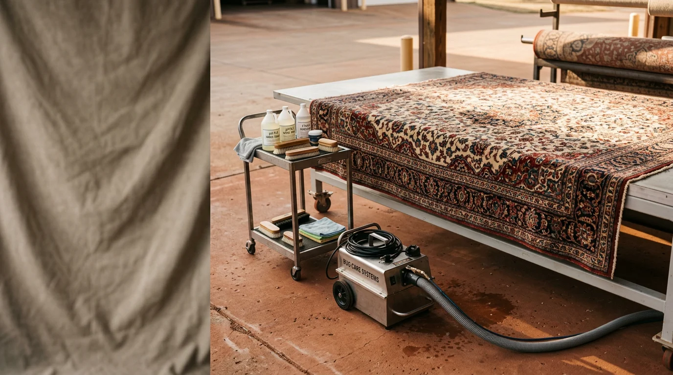 A cleaned Persian rug with rich, deep colors displayed on a hardwood floor in an Edmond home. A technician from America United Carpet Services LLC inspects the hand-knotted pile after the cleaning process.
