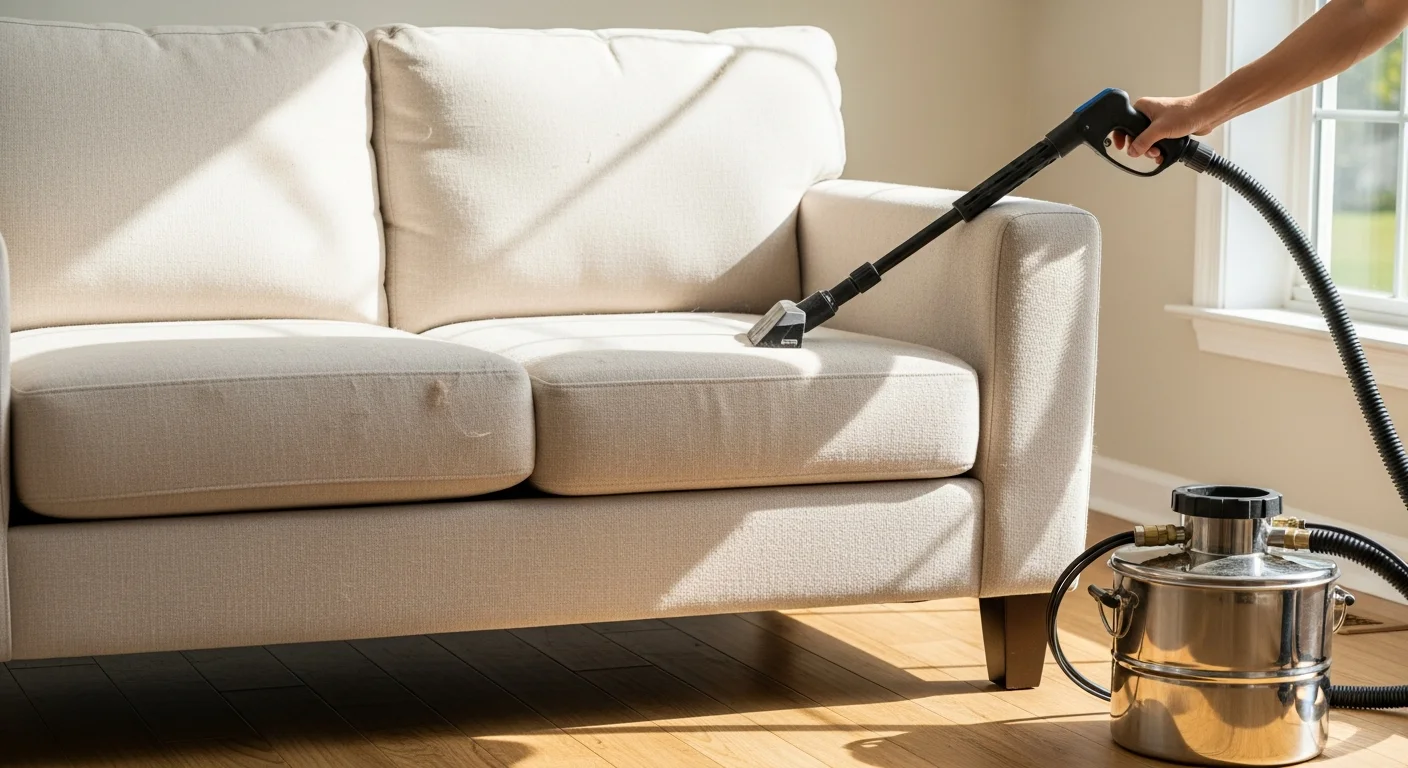 A clean upholstered sofa in an Edmond home after professional pet odor removal treatment. The fabric shows no visible staining and the cushions are fully restored.