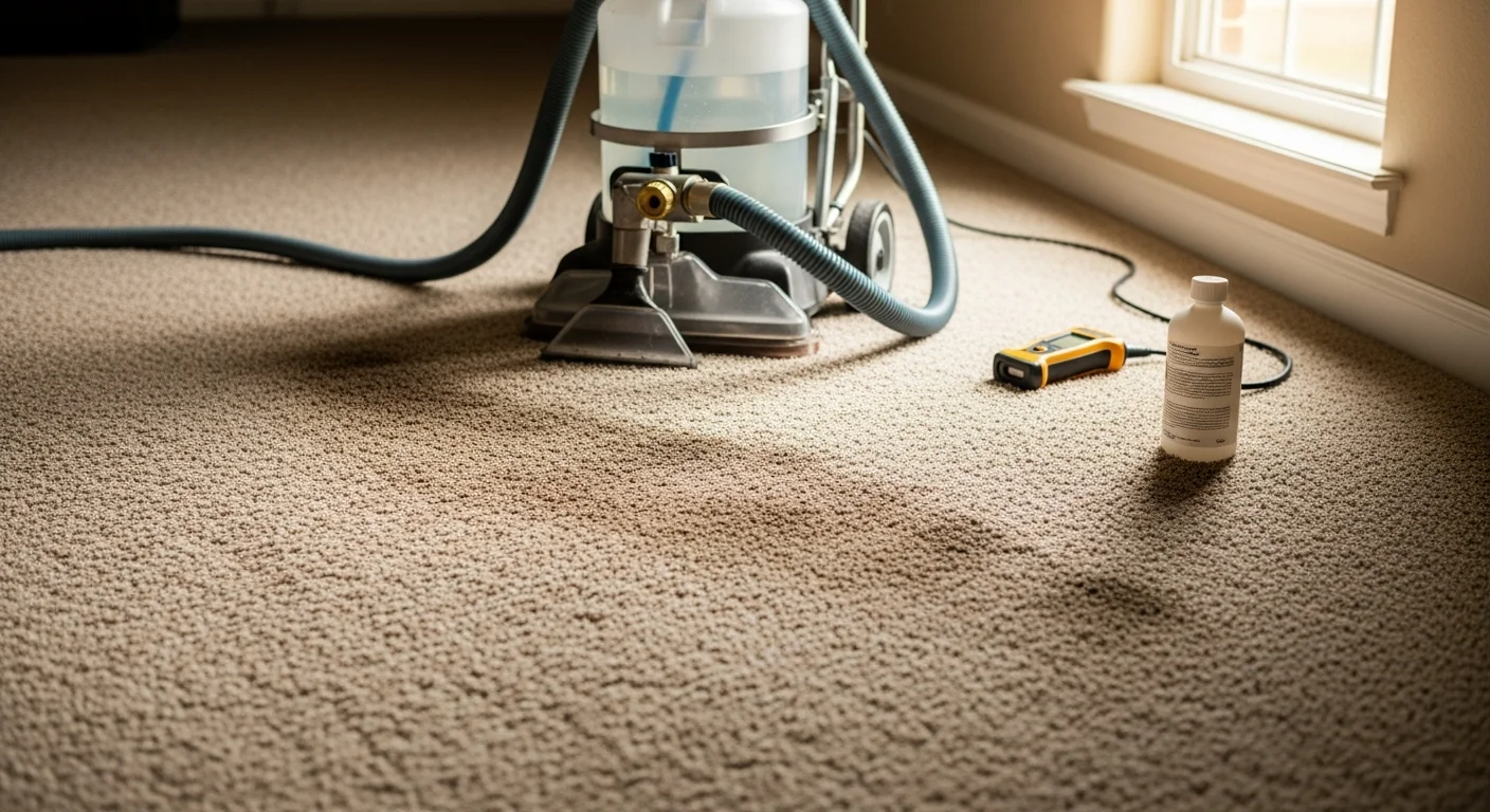 A clean, light-colored carpet in an Edmond home after professional pet stain and odor removal, showing no visible discoloration or residue. A small dog rests nearby on the treated carpet area.