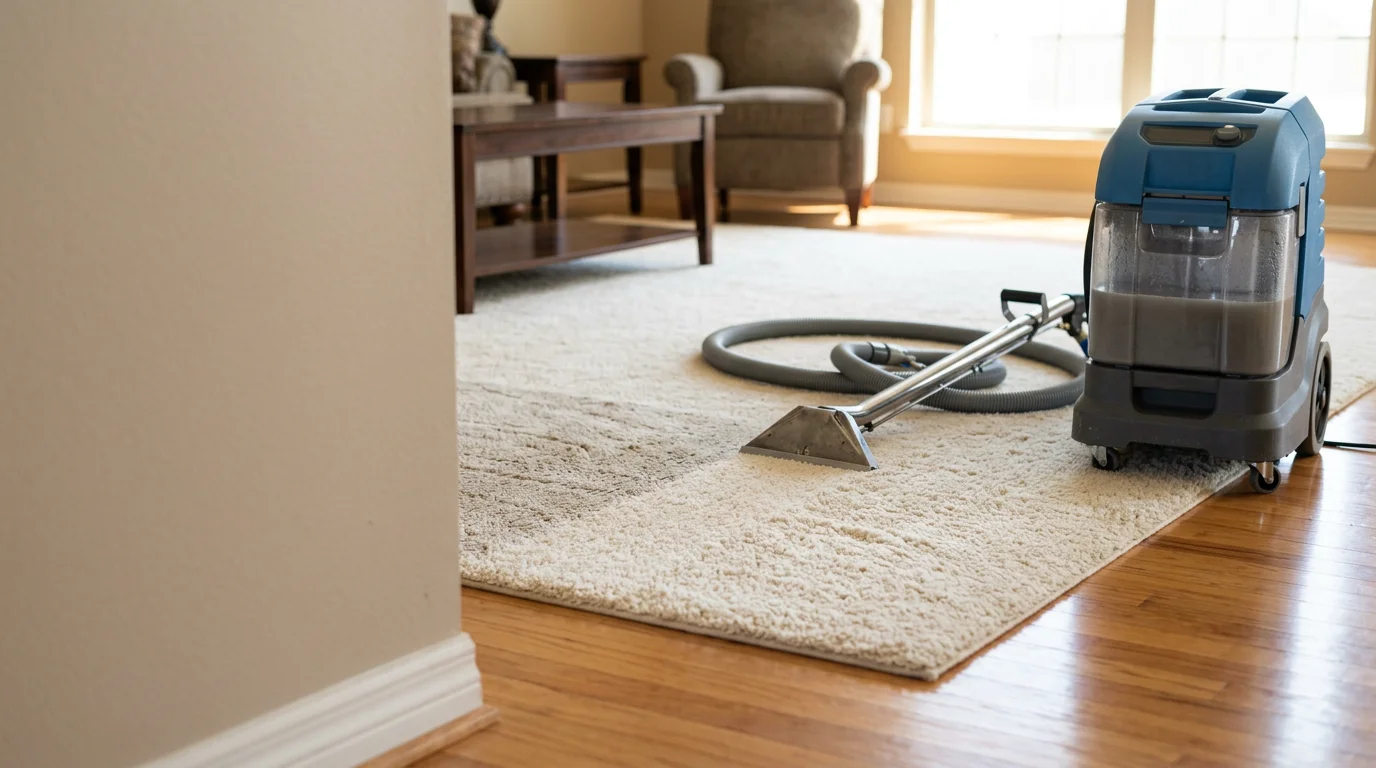 A clean polyester area rug with vibrant color restored, laid flat on a living room floor in an Edmond home after professional cleaning by America United Carpet Services LLC. Close-up view shows lifted pile texture and no visible staining or discoloration.