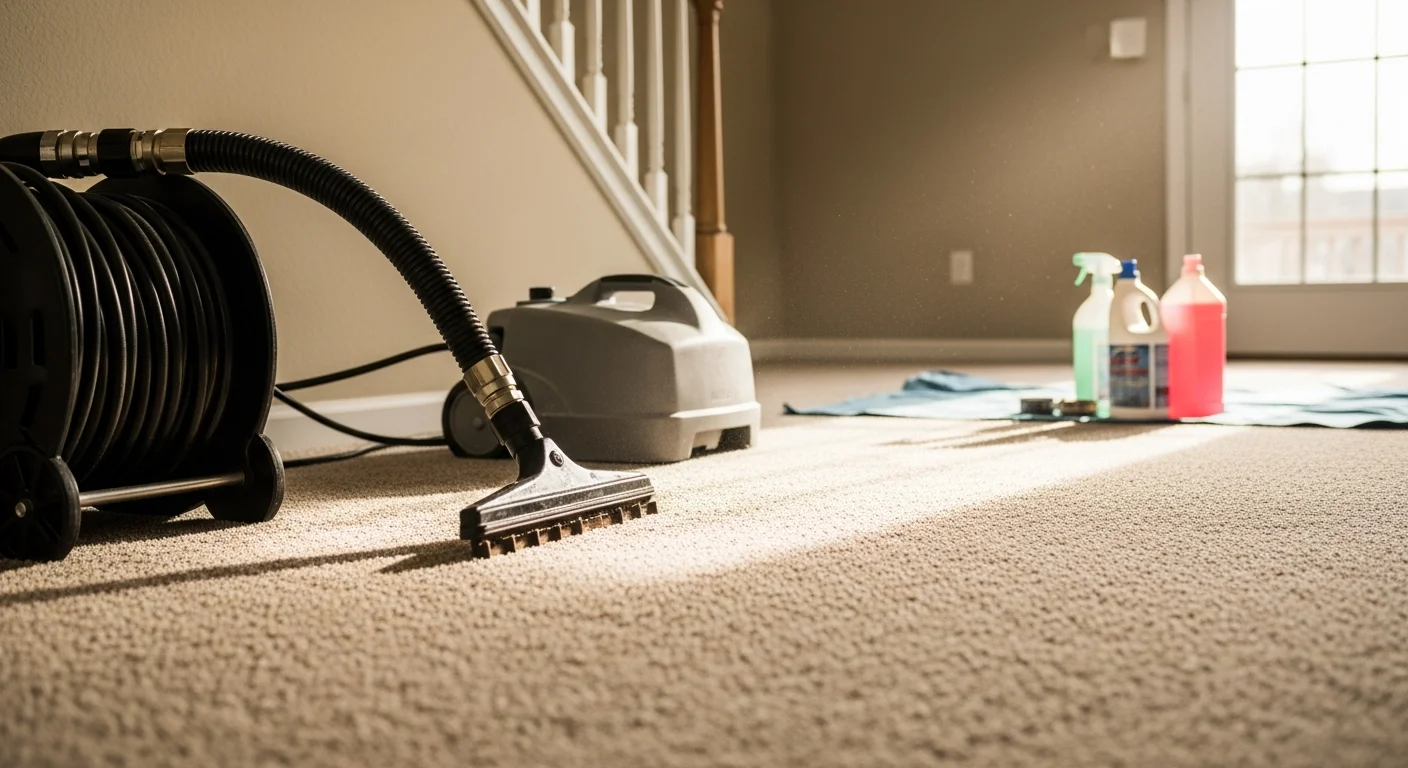 A clean, freshly cleaned carpet in a residential living room in Edmond, Oklahoma, showing restored fiber texture and no visible staining. A professional carpet cleaning technician from America United Carpet Services LLC works on a high-traffic area near a hallway entrance.