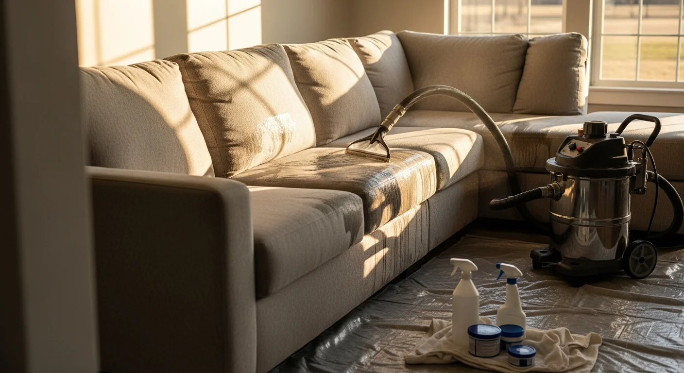 A clean, freshly serviced fabric sectional sofa in an Edmond living room, with visibly refreshed cushions and armrests after professional upholstery cleaning. A technician from America United Carpet Services LLC works on the back panel of the sectional using an upholstery cleaning tool.