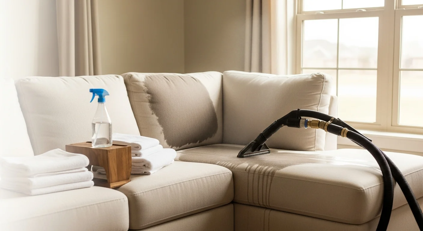 A clean, freshly serviced sofa in an Edmond home living room, with visibly restored fabric and no staining on the cushions or armrests. A technician from America United Carpet Services LLC works on the upholstery using professional cleaning equipment.