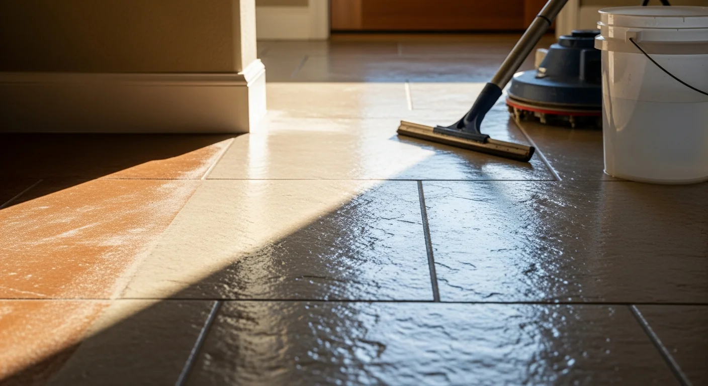 A professional stone floor cleaning service in an Edmond, Oklahoma home, showing restored natural stone tiles with clean, evenly colored grout lines after deep extraction cleaning. The before-and-after contrast highlights the removal of embedded red clay soil and surface discoloration.