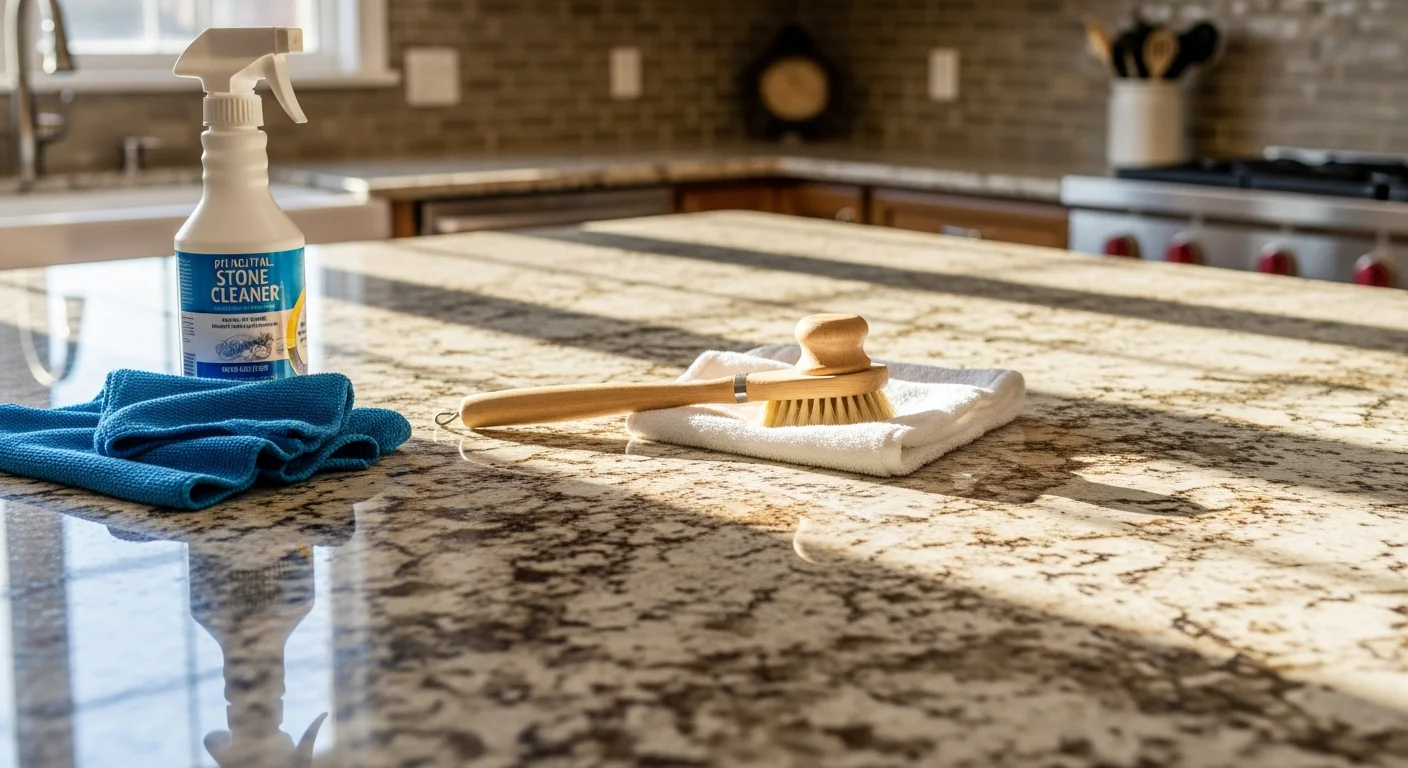 A granite kitchen countertop in an Edmond home after professional cleaning, showing a clear, residue-free surface with restored natural stone color. A technician from America United Carpet Services LLC works on the stone surface using soft cloths and stone-safe cleaning solution.