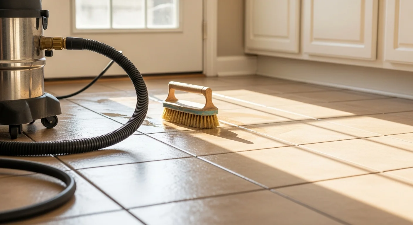 Close-up of freshly cleaned ceramic floor tile with bright, uniform grout lines in an Edmond home kitchen. Before-and-after contrast shows dark, stained grout restored to its original light color after professional tile and stone cleaning.