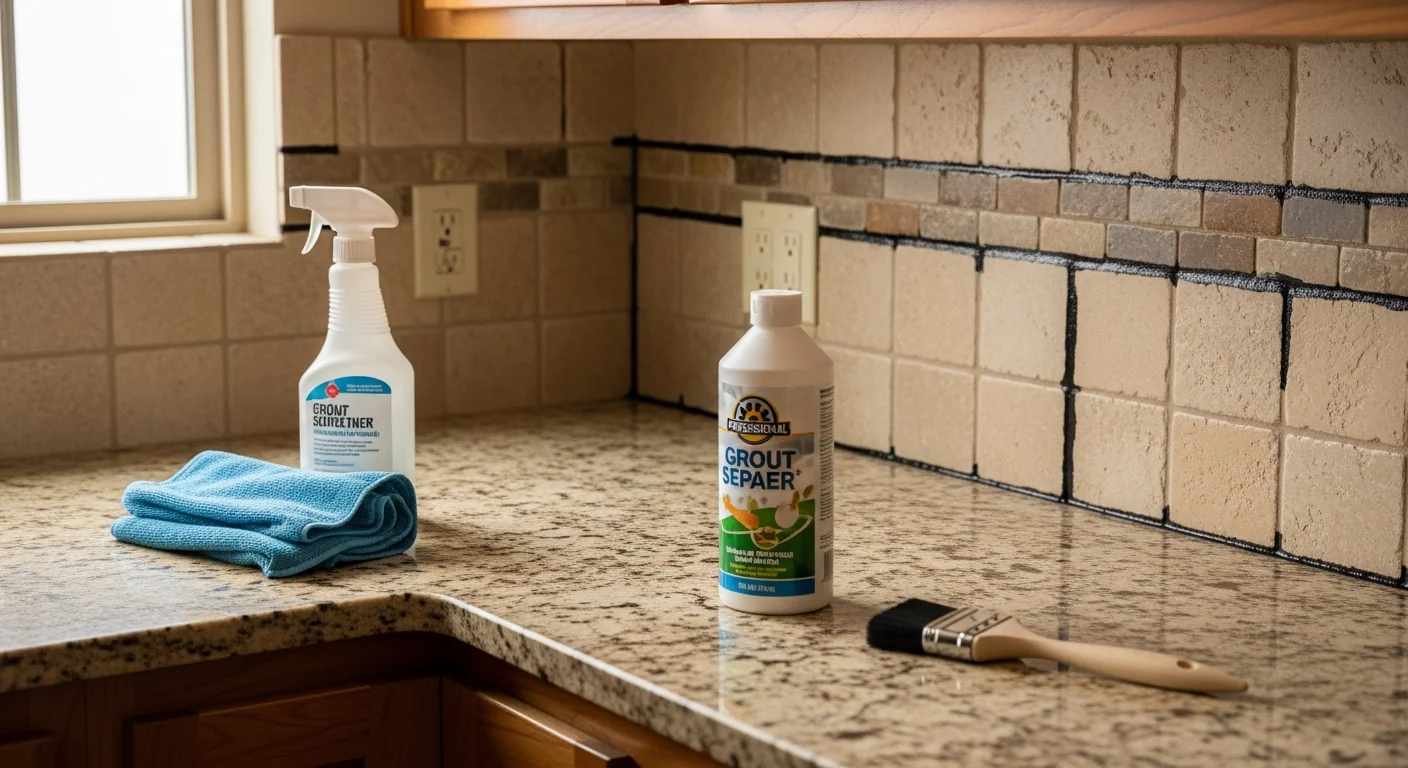 Close-up view of freshly sealed tile grout lines on a kitchen floor in an Edmond home, showing clean, evenly colored grout with no visible staining or discoloration. A technician from America United Carpet Services LLC applies sealant along tile joints in a bright, well-lit interior space.