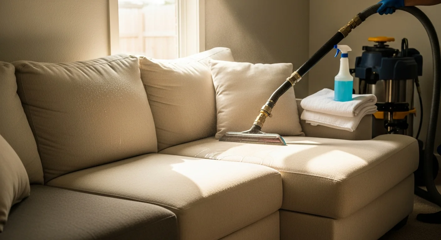 A clean, freshly cleaned fabric sofa in an Edmond, Oklahoma living room, with visibly restored fabric color and no staining. A professional upholstery cleaning technician from America United Carpet Services LLC works on a sectional couch in a residential Edmond home.