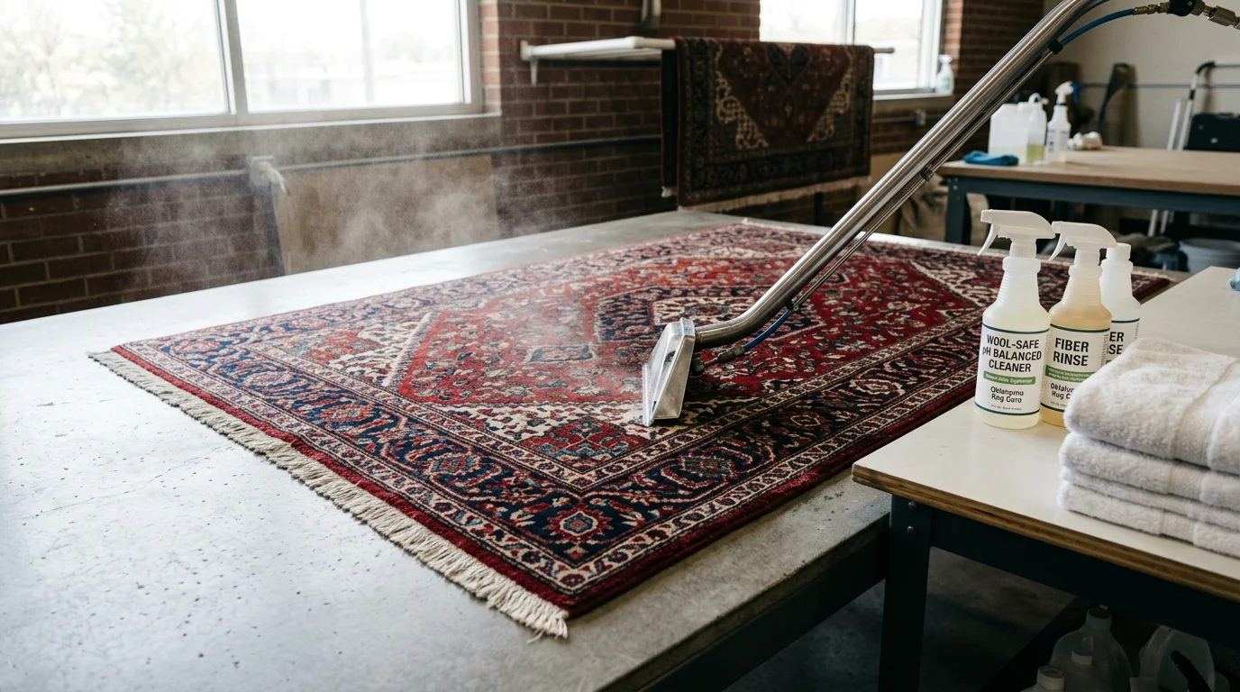 A clean, vibrant wool area rug laid flat on a hardwood floor in an Edmond home after professional cleaning. The rug shows restored color and upright pile with no visible staining or matting.